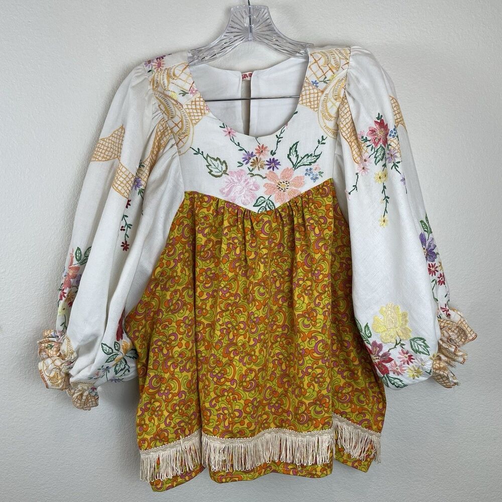 Leila Ray Vintage The Frankie Smock Blouse Fringe Embroidered Artsy Peasant-M
